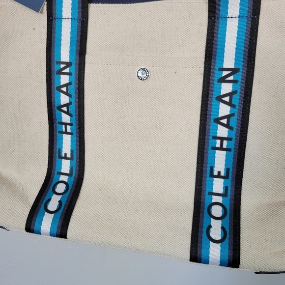 Cole Haan NWT Summer Canvas Tote Natural Navy Grand Series Leather Trim - Picture 2 of 12